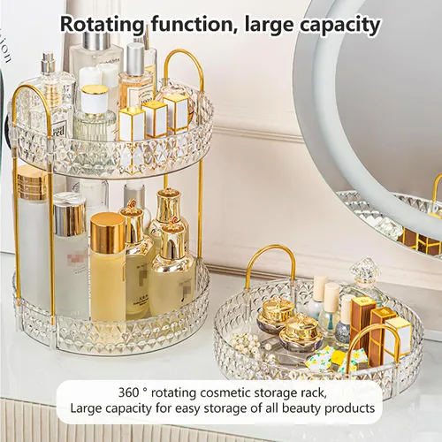 Vista 6 de Estante de almacenamiento acrílico giratorio de 360°, organizador de maquillaje de gran capacidad de 2 niveles para encimera de baño y tocador