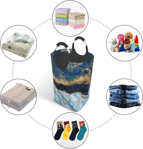 Vista 5 de Cesta de ropa sucia de mármol azul marino con mango de aluminio, cesta de lavandería plegable, cesta de almacenamiento para cuarto de baño