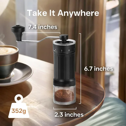 Vista 2 de Mini molinillo de café manual, 40 ajustes ajustables, molinillo de mano portátil con capacidad de 1.06 oz, rebaba cónica para expreso, verter