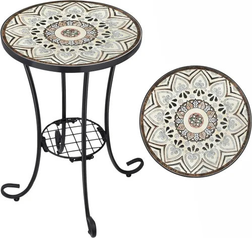 Vista 12 de VCUTEKA Mesa auxiliar de mosaico para exteriores, mesa de patio, mesa de decoración de mosaico, marco de metal, mesas auxiliares pequeñas, porche