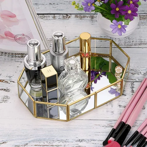 Vista 7 de Hipiwe Mirror Glass Vanity Tray - Gold Ornate Makeup Organizer Perfume Tray