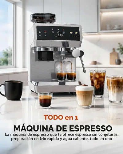 Vista 3 de AMZCHEF Máquina de café expreso con molinillo, control de temperatura, 44 2-Plateado