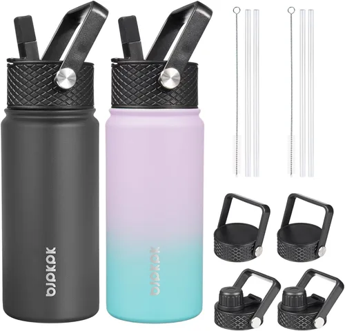 Vista 26 de BJPKPK Paquete de 2 botellas de agua aisladas con tapas con pajita, botella de agua de metal de acero inoxidable de 18oz con 6 tapas, jarras a