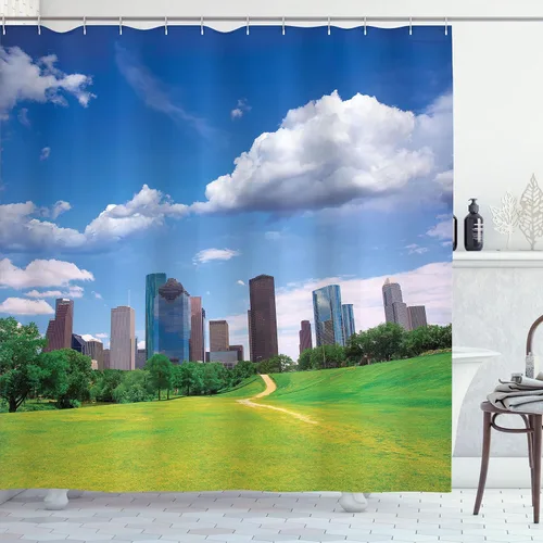 Vista 101 de Ambesonne Cortina de ducha de gaviotas, cielo nublado y gaviota voladora, imagen de meteorología de paisaje nublado, juego de decoración de baño