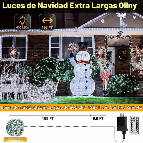 Vista 2 de Ollny Luces de Navidad, 198 pies, 600 LED para exteriores, impermeables, con enchufe, luces para árbol de Navidad con 8 modos, control remoto