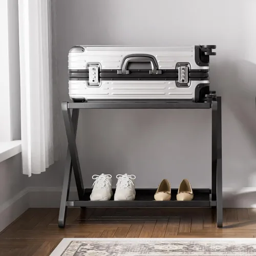 Vista 7 de HITNET Portaequipajes para habitación de invitados, soporte de maleta plegable, soporte de equipaje de hotel de bambú con estante de almacenamiento