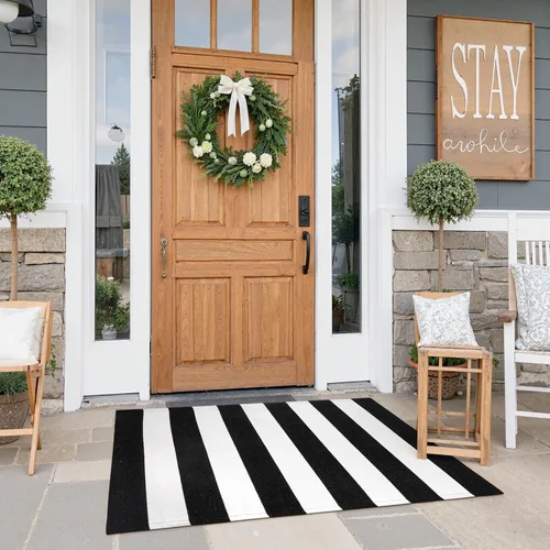 Vista 16 de KIMODE - Alfombra de algodón tejida con diseño a rayas en color negro, para puerta de entrada, cocina, decoración de estilo rústico