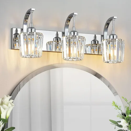Vista 15 de Luces de tocador de cristal de 3 luces negras para tocador de baño, modernas lámparas de baño de cristal sobre espejo de 23.62 pulgadas de largo