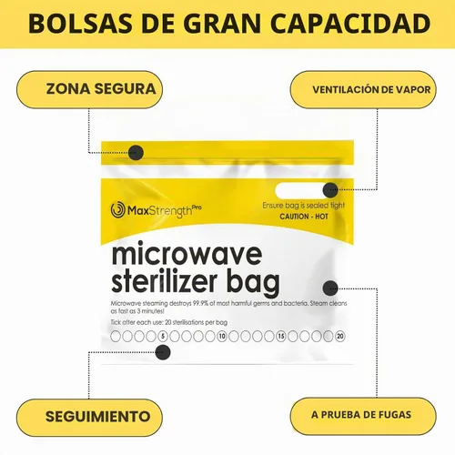 Vista 6 de Max Strength Pro Bolsas esterilizadoras de vapor para microondas, 20 unidades para biberones, chupetes, mordedores, piezas de extractor de leche
