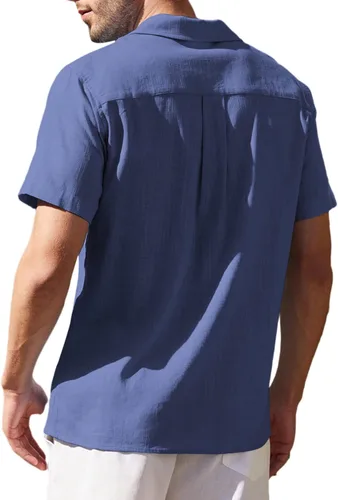Vista 2 de COOFANDY Camisa de guayabera cubana de lino de manga corta con botones para hombre