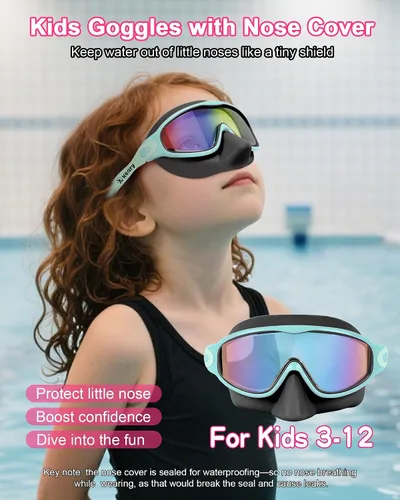 Vista 7 de Keary - Paquete de 2 gafas de natación para niños con cubierta nasal, anti-UV, antiempañamiento, para piscina y agua, para niños de 3 a 12 años