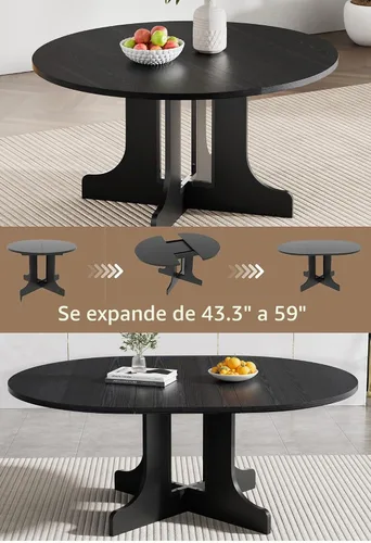 Vista 4 de Henf Juego de 5 mesas de comedor redondas extensibles para 4, mesa de cocina ovalada de madera de 43 a 59 pulgadas con 4 sillas, mesas de comedor