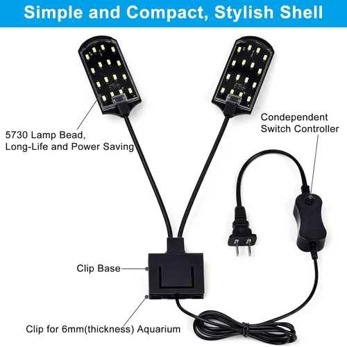 Vista 4 de WEAVERBIRD Doble cabeza acuario tanque de peces luz 15W 32 LED acuario plantado clip lámpara 1600LM iluminación LED blanca para 8-15 pulgadas tanque