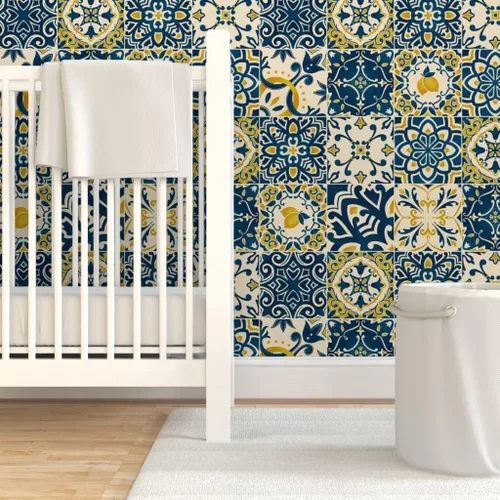 Vista 6 de Papel tapiz para despegar y pegar – Azulejos amarillos Limones Cheater Quilt Italiano Mediterráneo Azulejos Siciliano Karge Escala Toscana, Papel