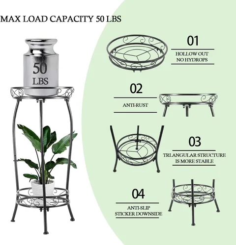 Vista 3 de Kavlium Paquete de 2 Soportes para Plantas de Interior y Exterior, Soportes Altos de Metal Negro Resistentes al Óxido y Estables, Estante