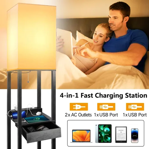Vista 3 de Lámparas de pie para sala de estar, lámpara de pie alta con estantes y cajón, 2 puertos de carga USB y 2 tomas de corriente, bombilla LED brillante