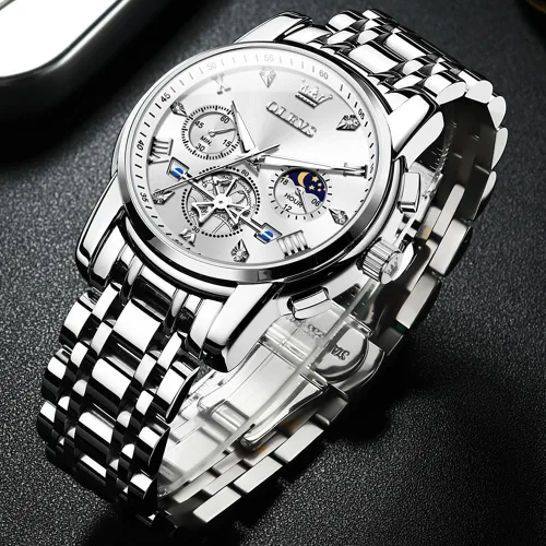 Vista 8 de OLEVS Relojes para hombre de plata, reloj de cronógrafo de acero inoxidable para hombre, reloj analógico de cuarzo de cara grande para hombre