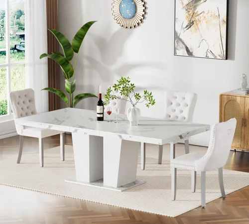 Vista 46 de Juego de mesa de comedor extensible de 63 a 79 pulgadas para 4, moderna mesa de cocina expandible con 4 sillas de terciopelo, mesa de madera gruesa