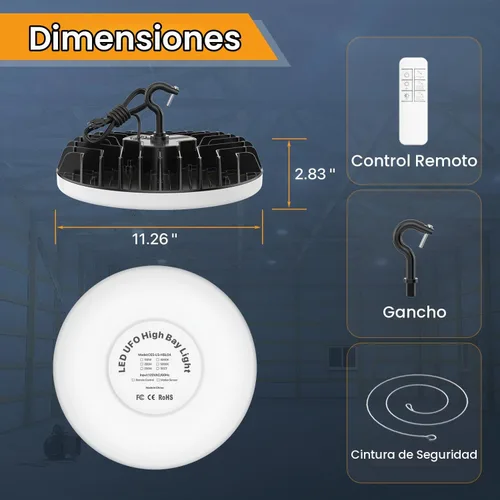 Vista 7 de Smart Shop Lights 150W - Sensor de movimiento Micware 18000LM UFO LED alta luz de bahía con control remoto multifunción, 10% -100% regulable IP65