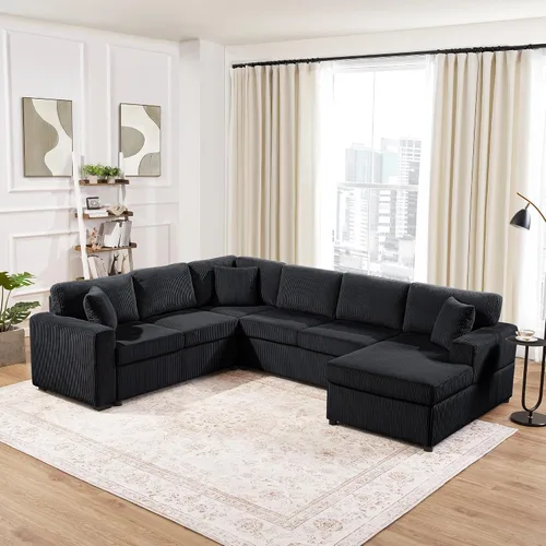 Vista 13 de JIVOIT Sofá cama moderno en forma de L con dos almohadas de respaldo, sofá cama modular de 124.8 pulgadas con cama extraíble, sofá modular Beige 052