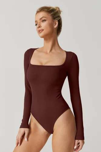 Vista 21 de Meyeeka Body sexy sin costuras para mujer con cuello cuadrado, manga larga