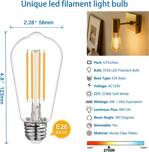 Vista 2 de Bombillas LED Edison regulables de 40 W, bombillas vintage con base E26, bombillas Edison de filamento cálido de 2700 K para candelabros, colgantes