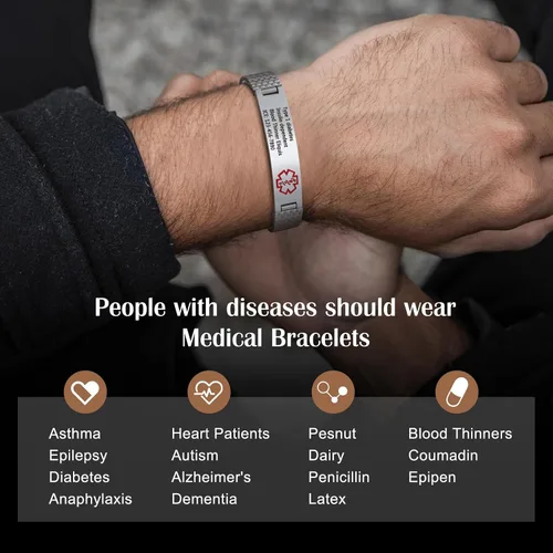 Vista 3 de Jewelstruck Pulsera de alerta médica de 7.5 a 9.8 pulgadas para mujeres y hombres, pulsera médica de emergencia, pulsera de identificación