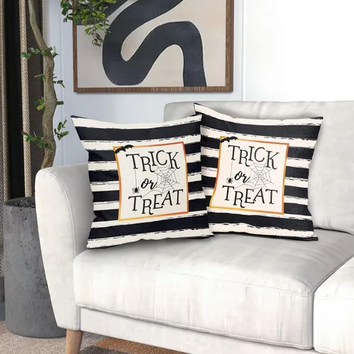Vista 5 de Kawani Juego de 2 fundas de almohada de Halloween con diseño de truco o trato de 16 x 16 pulgadas, diseño de rayas blancas y negras, fundas