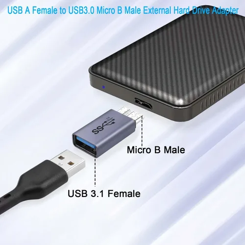 Vista 2 de QIANRENON Adaptador de disco duro externo USB A hembra a USB 3.0 Micro B macho de 10 Gbps USB 3.1 a Micro B convertidor de carga de datos