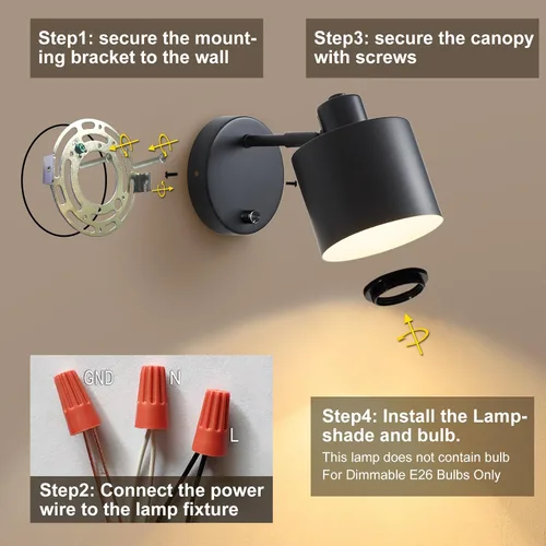 Vista 6 de LIGHTESS Aplique de pared con interruptor, apliques de pared de granja con atenuador de encendido y apagado, luces de pared industriales negras
