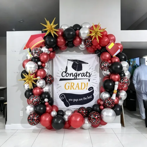Vista 5 de Kit de guirnalda de arco de globos rojos y negros, decoraciones de fiesta de graduación, globos de látex color burdeos metálicos, plateados y negros