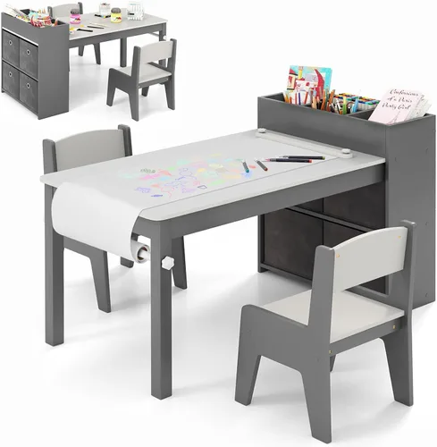 Vista 11 de Costzon Mesa y sillas de arte para niños, juego de escritorio de actividades de madera con rollo de papel, 4 tazas de pintura, estantes de Gris