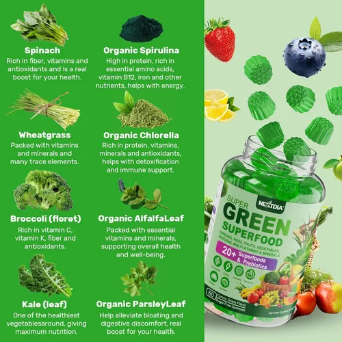 Vista 3 de Gomas Super Greens, alternativa en polvo de superalimento de verduras con espirulina, clorela, fibra prebiótica, probiótico, vegetales y frutas