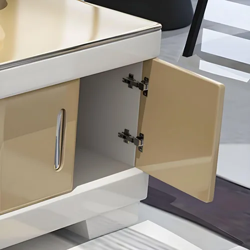 Vista 6 de RUNNUP Mesa de centro rectangular moderna de vidrio con base de madera blanca y almacenamiento de 2 niveles, mesa central de sofá para sala de Beige