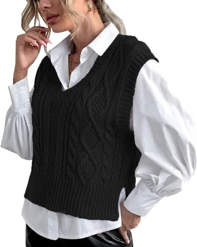 Vista 3 de Chaleco tipo suéter para mujer, cuello en V, sin mangas, de punto, liso, casual, acanalado, sin botones, sin botones