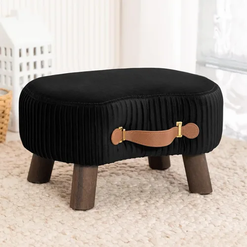 Vista 13 de LUE BONA Taburete pequeño curvado con asa, reposapiés de terciopelo beige y otomanos, moderno reposapiés con patas de madera, taburete con asiento
