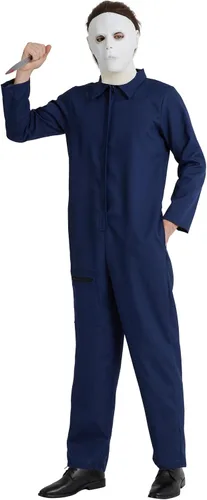 Vista 4 de Maxim Party Supplies Disfraz de terror de lujo para hombre, incluye mono, máscara espeluznante con pelo, cuchillo de juguete para cosplay, Halloween