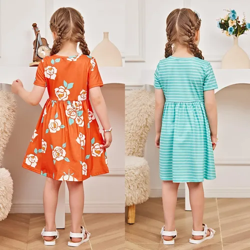 Vista 7 de PATPAT Paquete múltiple de vestidos florales para niña pequeña, paquete de 23 unidades, a lunares, manga corta, vestido de corte en línea A