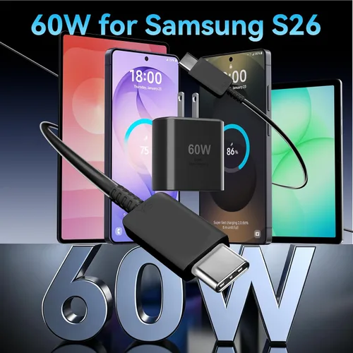 Vista 4 de Cargador USB C súper rápido de 60 W, cargador tipo C, bloque de carga rápida para teléfono Android con cable de carga rápida USB C de 6.6 pies