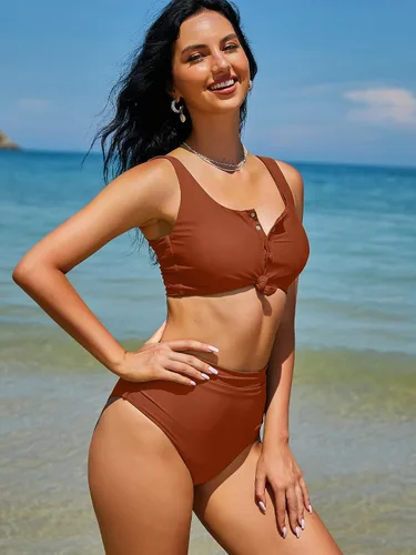 Vista 3 de ZAFUL - Traje de baño de dos piezas, cuello redondo, bikini, de cintura alta, para mujer