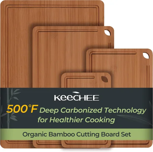 Vista 13 de Keechee Tabla de Cortar de Madera para Cocina - Juego de Regalo de 3 Tablas de Cortar Reversibles de Bambú con Ranura para Jugos, Tabla de Cortar