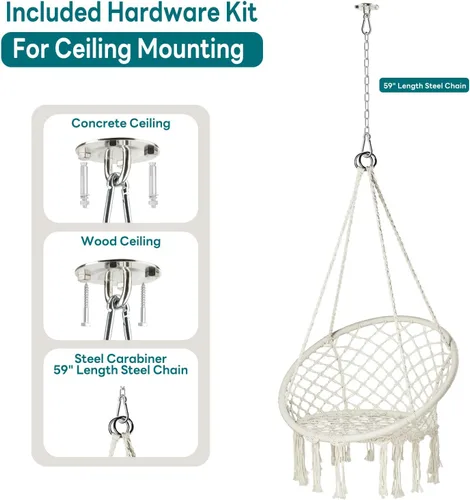 Vista 4 de JoyView Silla Hamaca de Macramé Colgante Máx. 330 Libras con 2 Cojines y Kits de Herrajes para Interior Exterior Dormitorio Patio Jardín - Beige