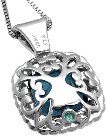 Vista 3 de Jewelili Sterling Silver 10x10MM Cushion Swiss Blue Topaz, Amethyst and Round White Topaz with 1.5MM Round Emerald on Back Halo Pendant Necklace, 18