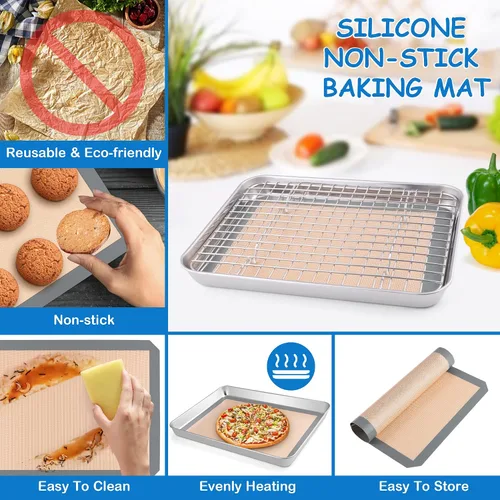 Vista 4 de P&P CHEF Bandeja para horno tostador de 9 x 7 x 1 pulgadas con rejilla y alfombrilla de silicona, bandeja para horno tostador de acero inoxidable