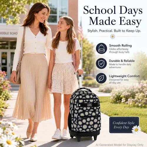 Vista 6 de Mochila con ruedas para mujeres, niñas, mochila escolar Crisantemo Negro