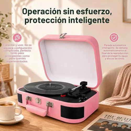 Vista 2 de Vintage Suitcase - Tocadiscos portátil Bluetooth de 3 velocidades con altavoces integrados, para discos de vinilo de 7/10/12 pulgadas (rosa)
