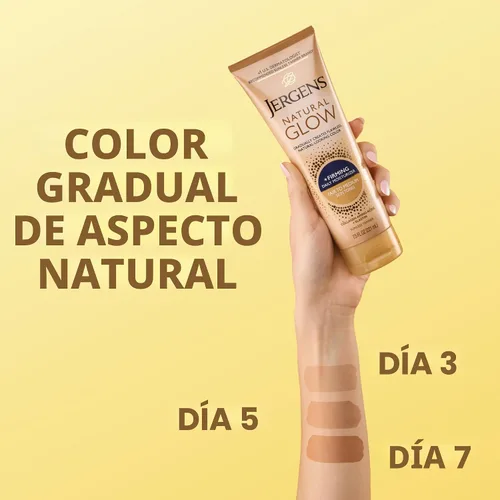 Vista 4 de Jergens Natural Glow +Loción corporal autobronceadora reafirmante, tono de piel justo a medio, hidratante bronceador sin sol con colágeno