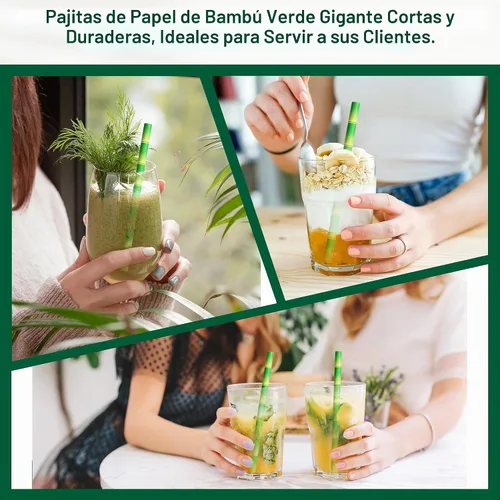 Vista 5 de 14,6 cm x 0,79 cm Pajitas de papel desechables de bambú verde para bebidas cortas, cócteles mezclados, margaritas, licuados y batidos - Sin embalar
