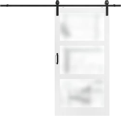 Vista 2 de Puerta corrediza de granero de vidrio esmerilado de 3 paneles de 42 x 84 pulgadas, kit de herramientas incluido, requiere montaje, superficie de PVC