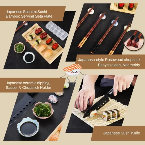 Vista 5 de Juego Deluxe de Fabricación de Sushi 25-en-1 con Bazooka, Rodillo, Estera de Bambú, Cuchillo, Bandeja para Salsa, Plato Japonés de Sashimi de Bambú